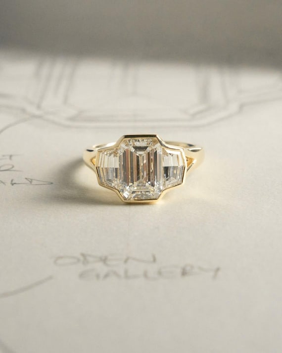 Unique Emerald Cut  Moissanite Engagement Ring, 14K Gold Bezel Set Three Stone Split Shank Ring, Anniversary gift For her Art deco ring