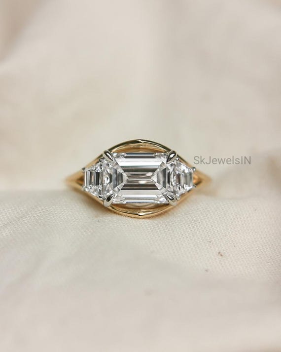 Art Deco Moissanite Engagement Ring | Emerald Cut & Trapezoid Three Stone Ring | Unique East-West Set 14K Gold Proposal Ring
