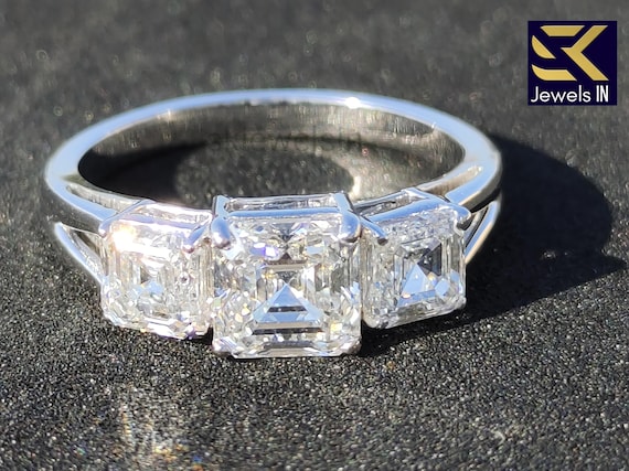 Asscher Cut Engagement Ring, Moissanite Three Stone Trilogy Ring, 14K White Gold Split Shank Ring