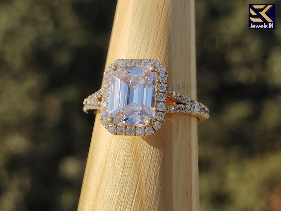 Emerald Cut Moissanite Halo Ring, Split Shank Engagement Ring, Art Deco Wedding Ring, 14K Gold Vintage Ring, Anniversary Gift for Wife