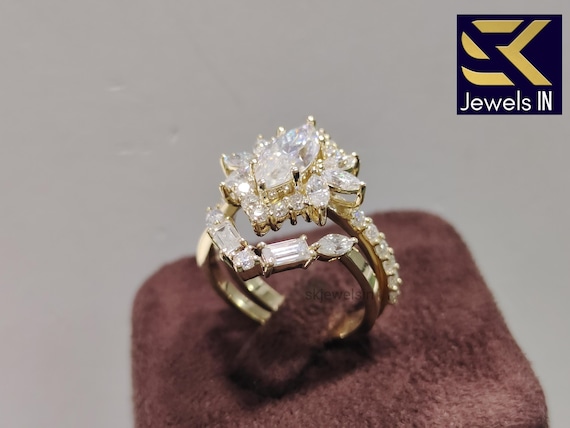Vintage Marquise Engagement Set, Starburst Moissanite Ring With Baguette Band, Handmade Bridal ring Set, Wedding & Anniversary Gift Ring