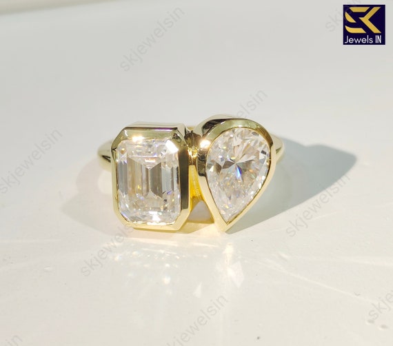 Toi et Moi Bezel Engagement Ring – Two Stone Moissanite Ring | Minimalist Wedding Ring | 14K Gold Ethical Jewelry | Non-Traditional Bridal