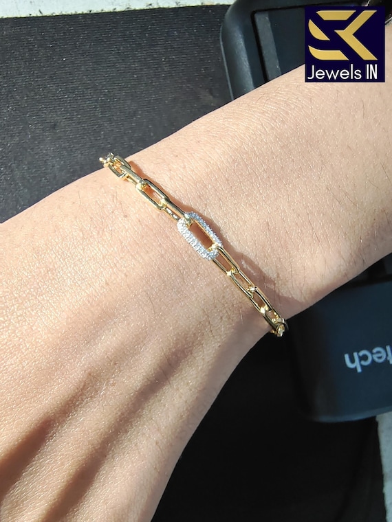 14K Gold Link Bracelet, Round Moissanite, Handmade Jewelry