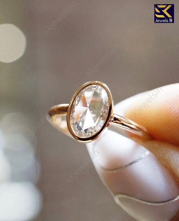Oval Rose Cut Moissanite Engagement Ring, Bezel Set Solitaire Ring, Unique Vintage Style Alternative Ring, Dainty Rose Gold Promise Ring
