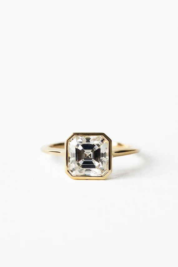 Asscher Cut Moissanite Engagement Ring, 14K Gold Bezel Set Wedding Ring Low Profile ring Gift for her Anniversary Gifts, Solitaire ring