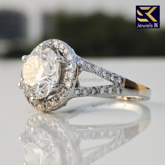 14K White Gold Moissanite Engagement Ring • Round Cut Halo Ring • Split Shank Design • Diamond Accent Jewelry