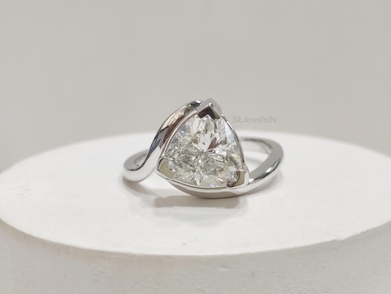 Trillion Cut Moissanite Ring, Unique Triangle Engagement Ring, Modern Bypass Setting, White Gold Solitaire, Geometric Wedding Ring for Her