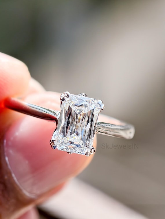 Criss Cut Moissanite Engagement Ring, Hidden Halo Tulip Setting, Unique Solitaire Wedding Ring, Elongated Stone Promise Ring, Floral Prong