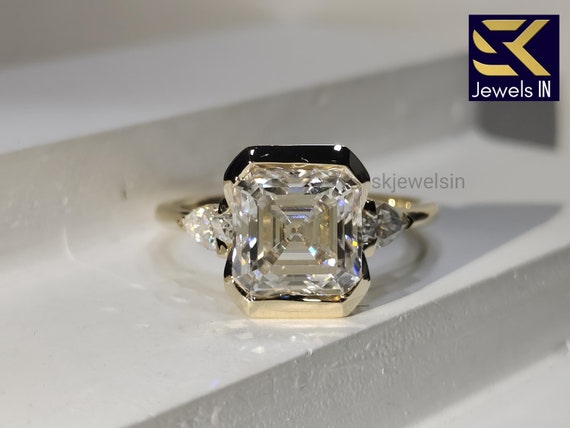 14k Gold Half Bezel Set Asscher Cut Moissanite Engagement ring, Three Stone Wedding Ring, Anniversary Gifts, Handmade Bridal set ring