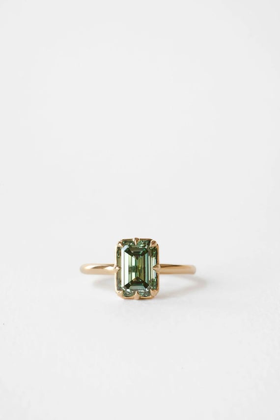 Green Moissanite Engagement Ring • Emerald Cut Solitaire Ring • 2.50 CT Teal Green Moissanite • 14K Gold Vintage Wedding Ring • Promise Ring
