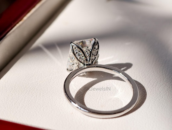 Radiant Cut Moissanite Engagement Ring • Tulip Setting Hidden Halo • 14K Gold Floral Solitaire • Unique Flower Petal Promise Ring for Her
