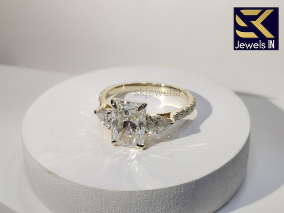 14K Gold Radiant Engagement Ring With Pear Accents Moissanite Ring, Unique Wedding Ring anniversary gift promise ring vintage art deco ring