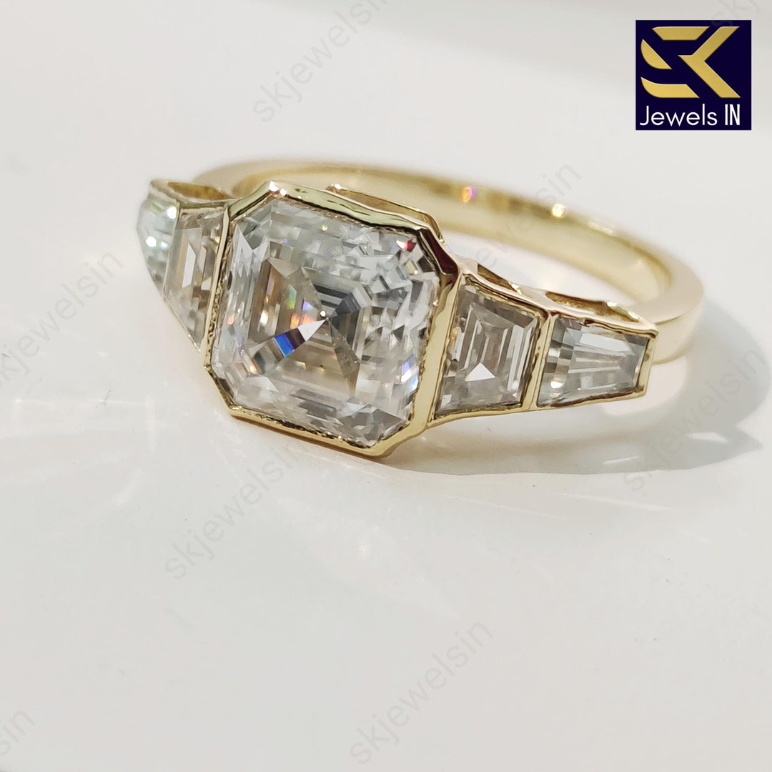 Asscher Cut Moissanite Ring, 14K Gold Bezel Set Five Stone Engagement ...