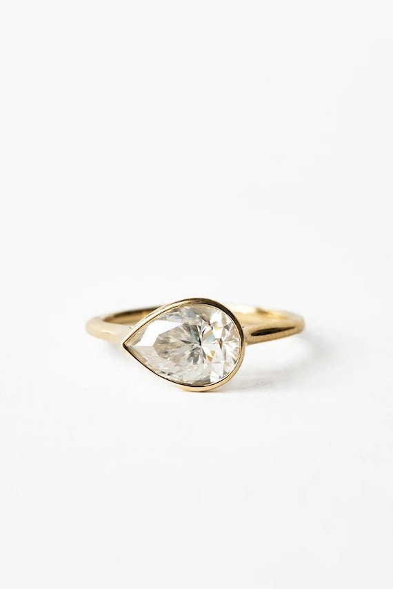 East West Bezel Set Pear Cut Moissanite Engagement Ring, 14K Gold Teardrop Wedding Ring, Personalized Gift for women, Art deco Handmade ring