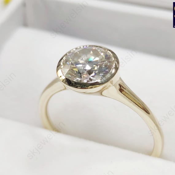 Round Cut Moissanite Engagement Ring, 14K Gold Bezel Set Wedding Ring For Women, Promise Ring, Handmade Ring, Low Profile ring