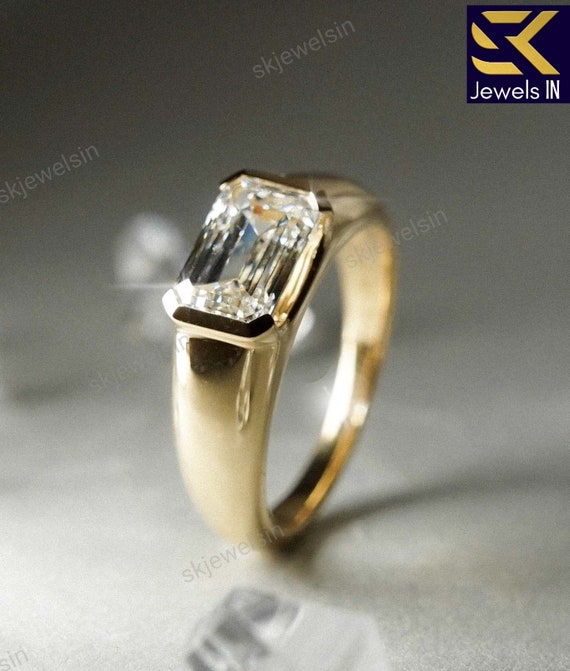 Emerald Cut Moissanite Engagement Ring, 14K Gold Bezel Set, Handmade