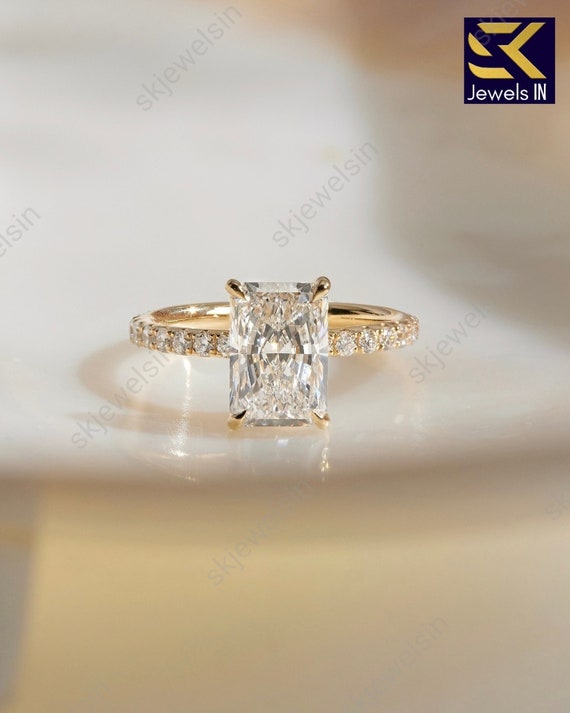 Radiant Cut Moissanite Engagement Ring Hidden Halo | Dainty 14K Gold Ring | Vintage Bridal Ring | Promise Ring | Custom Made Ring