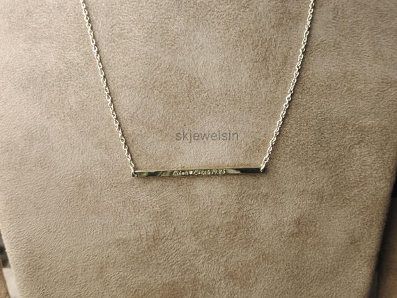 14K Solid Gold Bar Necklace, Personalized Bar Name & Birthstone Necklace,  Custom Name Bar Necklace 14K Gold Engravable Horizontal Necklace