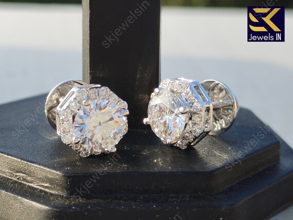 Round Cut Moissanite Studs Earrings, 14K White Gold Hexagon Shape Earrings, Personalized Gifts, Handmade Stud Earrings, Anniversary gifts