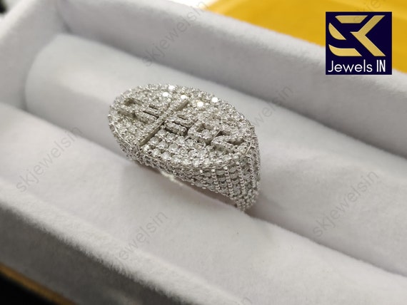 Iced out Custom Name Round Moissanite Ring, 10K White Gold Personalized Gift Ring Men, Anniversary Gift, VVS Moissanite Diamond test pass