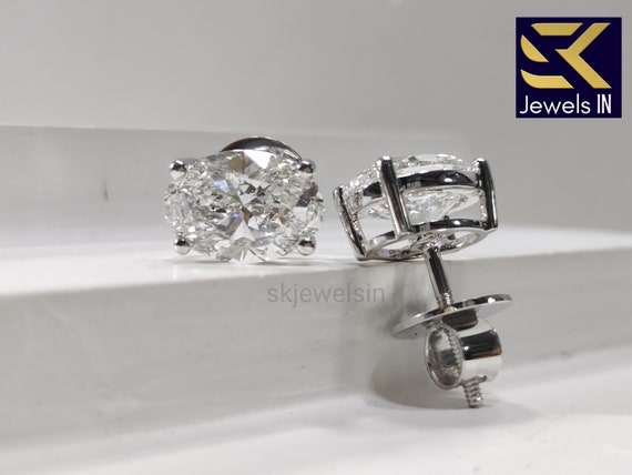 14K White Gold Oval Lab Grown Diamond Stud Earrings, Screw Back