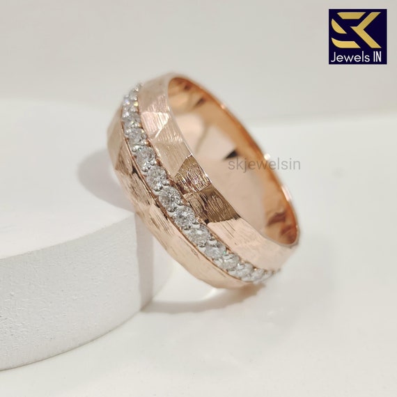 14K Rose Gold Men's Wedding Band, Matte Finish Eternity Unique band For Men, Hammered Gold Band for Him, Gift For Husband