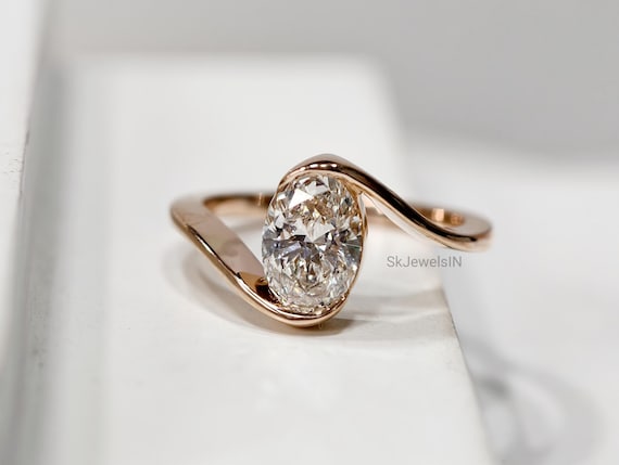 Half Bezel Set Oval Engagement Ring 14K Gold Oval Moissanite Ring Unique wedding ring Bridal set ring Handmade Rose gold ring