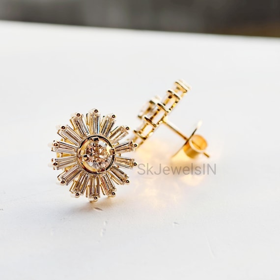 Starburst Earrings, Round & Baguette Moissanite Stud Earrings For Women, Wedding Anniversary Gifts, Unique Vintage Earrings for her