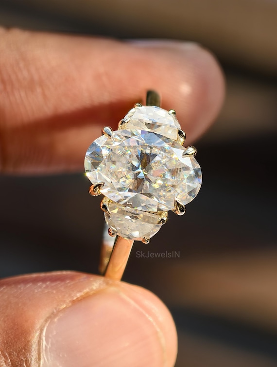 Oval Crescent Moissanite Ring, 14K Oval Trilogy Engagement Ring, Proposal Ring For Women, Handmade art deco Vintage Gold Ring