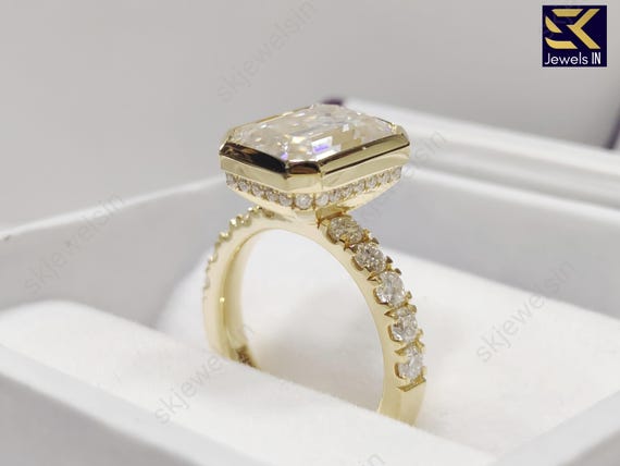 14K Bezel Set Emerald cut Moissanite Engagement Ring,  Hidden halo pave set Wedding & Anniversary Gifts, Promise Ring For women