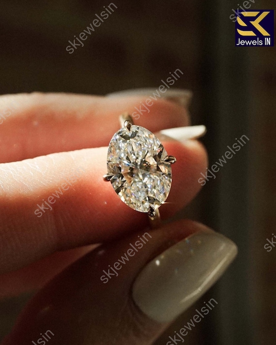 East West Oval Moissanite Engagement Ring with Hidden Halo – Unique Horizontal Setting | 14K Gold Bridal Ring | Customizable Promise Ring