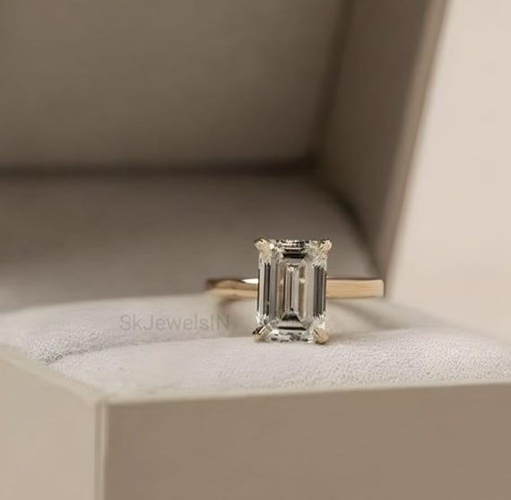 Emerald Cut Moissanite Engagement Ring, 10K 14K  18K Gold Solitaire Wedding Ring, Anniversary Ring Gift for Women