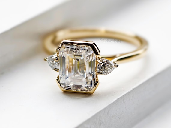 Emerald Moissanite Engagement Ring With Pear accent, 14K Gold Half Bezel Set three Stone Wedding Ring  Art deco Promise ring For her