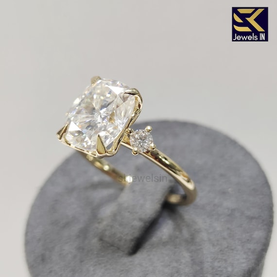 Cushion Engagement Ring, 14K Gold Moissanite Three Stone Ring, Unique Wedding Ring, Promise Ring For Women, Unique Vintage Ring