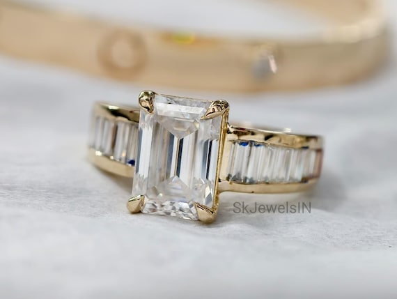 Emerald Cut Moissanite Engagement Ring, Baguette Channel Set Wedding Band, Four Claw Prong Solitaire, 14k Gold Proposal Ring