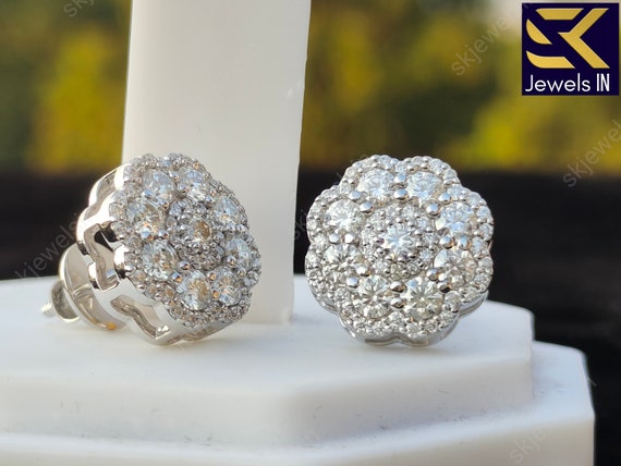 Moissanite Cluster Earrings, 14K Solid Gold Pushbacks
