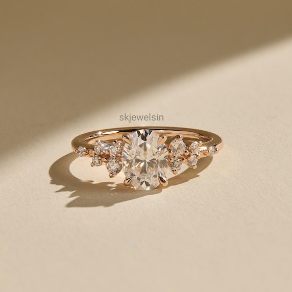 Bubble Halo Oval Moissanite Ring - 10K 14K 18K Solid Gold or Silver - Vintage Style Engagement Ring - Wedding Band for Women - Promise