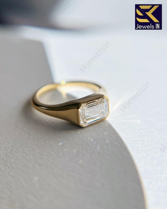 Emerald Cut Moissanite Ring, 14K Gold Vintage Anniversary Ring