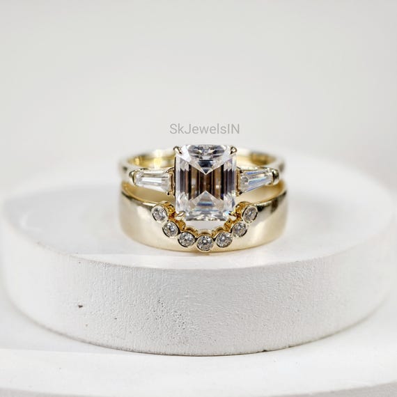 2 CT Emerald Cut Moissanite Bridal Set 14K Solid Gold Wedding Ring with U Shape Thick Bezel Stackable Vintage Style for Women