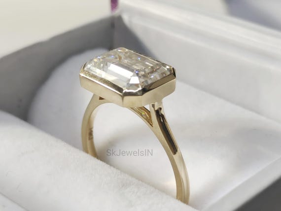3 CT Emerald Cut Moissanite Engagement Ring, 14K Gold Bezel Set low profile ring, Anniversary gifts, Wedding Ring for Women, Gifts