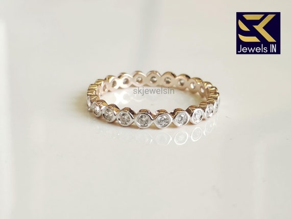 14K Gold Round Cut Moissanite  Stackable Ring, Bezel Set  Eternity Matching Band, Everyday wear ring, handmade Art deco Gift ring for women