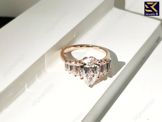 Pear Cut Moissanite Engagement Ring with Tapered Baguettes, 14K Rose Gold Vintage Style Ring, Unique Bridal Jewelry for Her