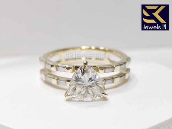 Trillion Cut Moissanite Engagement Ring, 14K Gold  Vintage Unique Double Shank Halo Wedding Ring, Art deco Handmade Gold Ring For Women