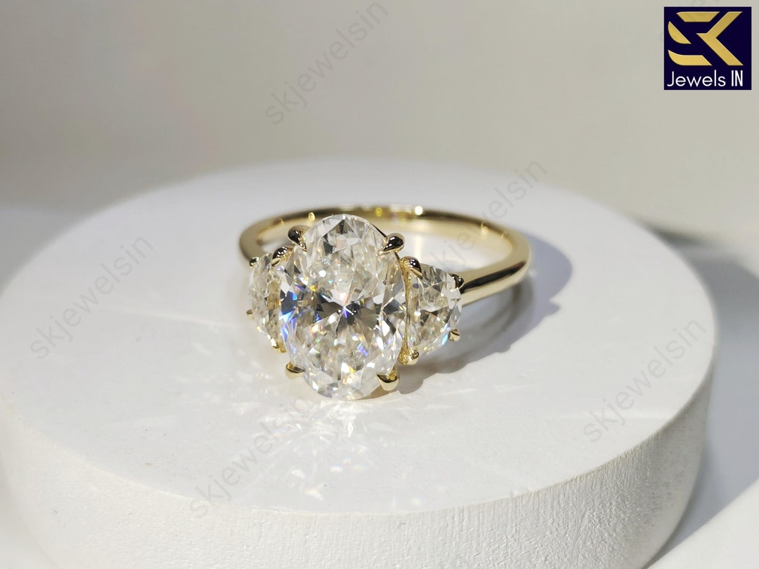 Oval Cut Moissanite Ring - Three Stone Half Moon Engagement Ring, 14K ...
