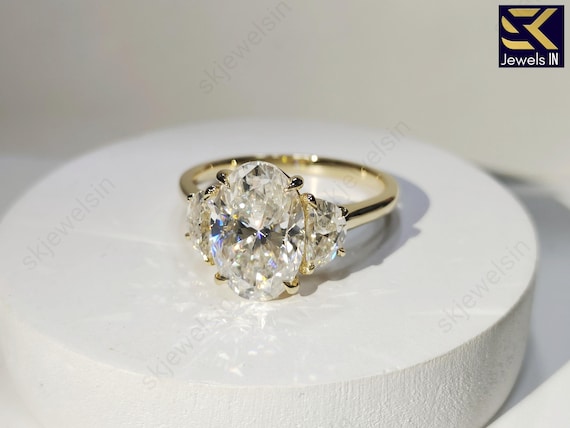 Oval Moissanite Three Stone Ring, 14K Gold Anniversary Gift
