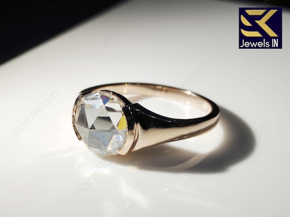 Rose Cut Moissanite Engagement Ring, 14K Rose Gold Bezel Set, Vintage Style