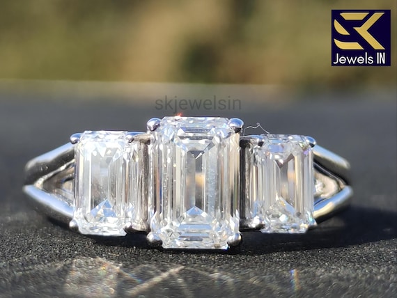 Three Stone Emerald Cut Moissanite Engagement Ring, Split Shank Wedding Ring, 3 CT Trilogy Ring, Past Present Future Ring, 14K White Gold