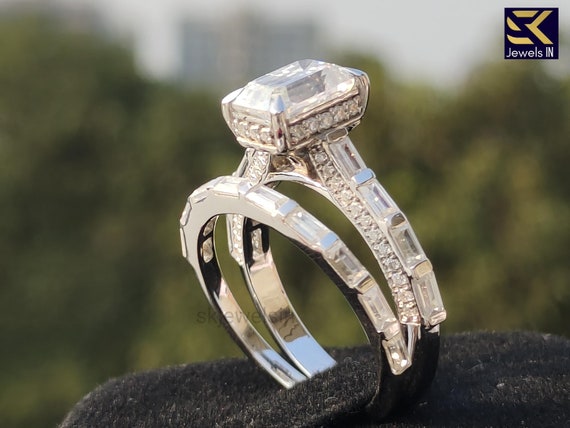 14K White Gold Emerald Cut Moissanite Engagement Ring Set With Baguette bar Set Wedding Band, Unique bridal sets, Gifts For Women