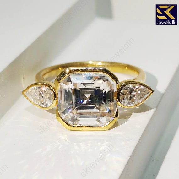 14K Gold Asscher Cut Moissanite Engagement Ring, Half bezel set Wedding & Anniversary Ring, Three stone Promise Ring, Gift For Her