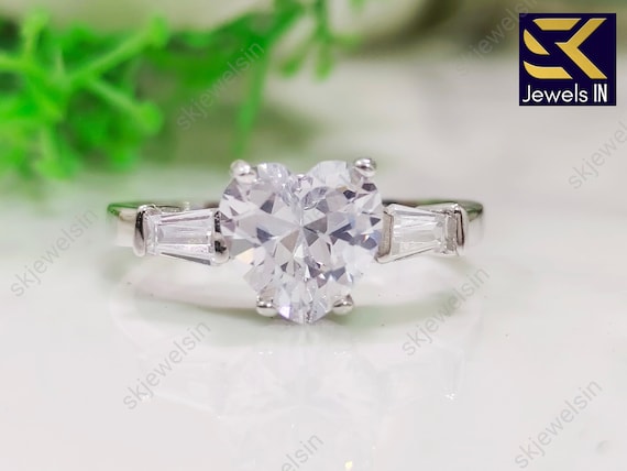 Heart Cut Moissanite Engagement Ring, 14K White Gold Three Stone Wedding Ring, Side Baguette Ring, Promise Ring For Women, Gifts for her